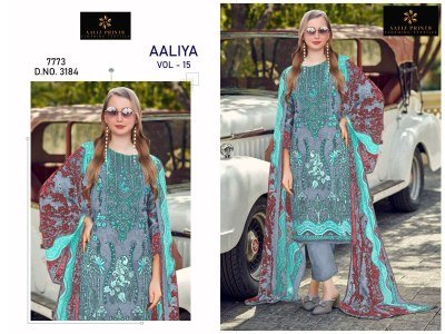 Aaliz Prints Aaliya Embroidery Collection Vol 15 Unstitched Cotton Suit Set with Digital Style Print Embroidered Neck Work Cotton Bottom Cotton Mal Du dress material catalogs