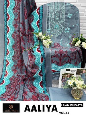 Aaliz Prints Aaliya Embroidery Collection Vol 15 Unstitched Cotton Suit Set with Digital Style Print Embroidered Neck Work Cotton Bottom Cotton Mal Du dress material catalogs