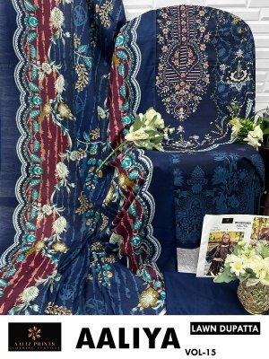 Aaliz Prints Aaliya Embroidery Collection Vol 15 Unstitched Cotton Suit Set with Digital Style Print Embroidered Neck Work Cotton Bottom Cotton Mal Du dress material catalogs