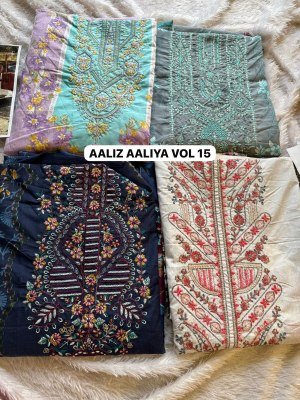 Aaliz Prints Aaliya Embroidery Collection Vol 15 Unstitched Cotton Suit Set with Digital Style Print Embroidered Neck Work Cotton Bottom Cotton Mal Du dress material catalogs