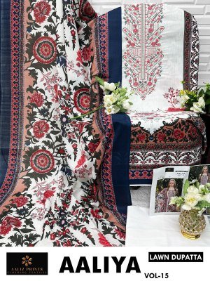 Aaliz Prints Aaliya Embroidery Collection Vol 15 Unstitched Cotton Suit Set with Digital Style Print Embroidered Neck Work Cotton Bottom Cotton Mal Du dress material catalogs