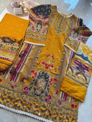 Aaliz Prints Aaliza Vol 5 Unstitched Cotton Digital Print Suit with Embroidery Neck  Mirror Work  Printed Bottom  Cotton Mal Dupatta Wholesale dress material catalogs