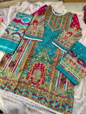 Aaliz Prints Aaliza Vol 5 Unstitched Cotton Digital Print Suit with Embroidery Neck  Mirror Work  Printed Bottom  Cotton Mal Dupatta Wholesale dress material catalogs