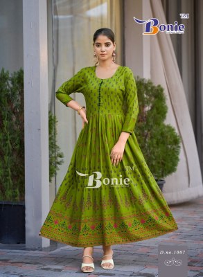 Aanchal 4 by Bonie long reyon printed flaired gown catalogue at amaviexpo gown catalogs
