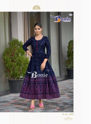 Aanchal 4 by Bonie long reyon printed flaired gown catalogue at amaviexpo gown catalogs