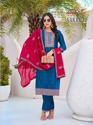 Aanchi Aakruti Premium Vichitra Silk Kurti Pant Set with Contrasting Work Dupatta Wholesale kurtis catalogs