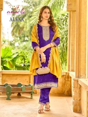 Aanchi Alexa 3 Piece Set Straight Style Vichitra Silk Kurti with Bottom And Fancy Contrast Dupatta Wholesale kurti pant with dupatta Catalogs