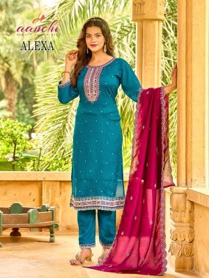 Aanchi Alexa 3 Piece Set Straight Style Vichitra Silk Kurti with Bottom And Fancy Contrast Dupatta Wholesale kurti pant with dupatta Catalogs