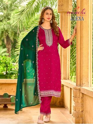 Aanchi Alexa 3 Piece Set Straight Style Vichitra Silk Kurti with Bottom And Fancy Contrast Dupatta Wholesale kurti pant with dupatta Catalogs