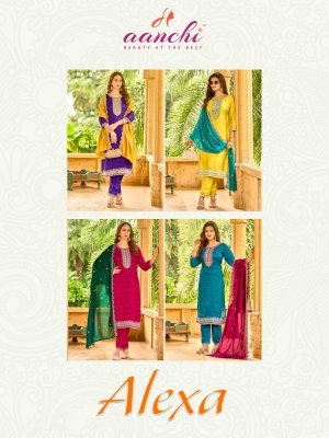 Aanchi Alexa 3 Piece Set Straight Style Vichitra Silk Kurti with Bottom And Fancy Contrast Dupatta Wholesale kurti pant with dupatta Catalogs