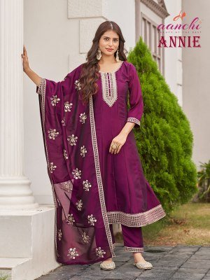 Aanchi Annie 3Pc Set Crystal Silk Top  Bottom And Dupatta Premium Flair Concept Ethnic Wear Wholesale Product kurtis catalogs