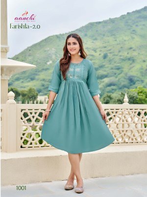  Aanchi Farishta 2.0 Designer Flair Kurti  Roman Shimmer Fabric, Fancy Embroidered Neck Wholesale kurtis catalogs