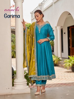 Aanchi Garima Flair Style 3 Piece Vichitra Silk Set Wholesale Ethnic Wear kurti pant with dupatta Catalogs
