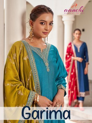 Aanchi Garima Flair Style 3 Piece Vichitra Silk Set Wholesale Ethnic Wear kurti pant with dupatta Catalogs