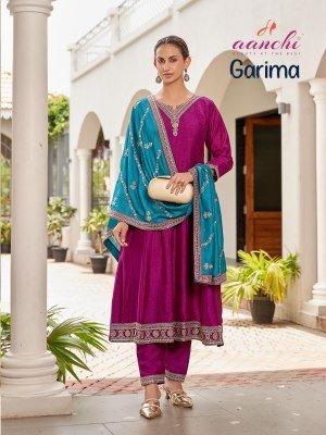 Aanchi Garima Flair Style 3 Piece Vichitra Silk Set Wholesale Ethnic Wear kurti pant with dupatta Catalogs