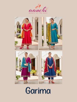 Aanchi Garima Flair Style 3 Piece Vichitra Silk Set Wholesale Ethnic Wear kurti pant with dupatta Catalogs