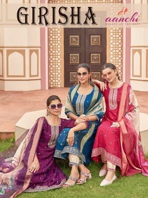 Aanchi Girisha Vichitra Silk Set 3 Pc Flair Concept Suit Wholesale kurti pant with dupatta Catalogs