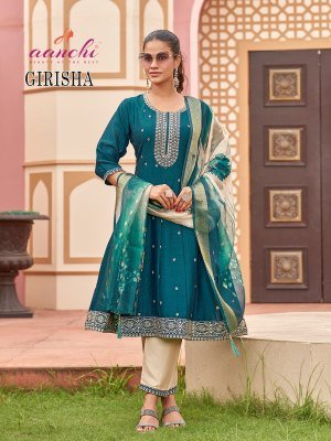 Aanchi Girisha Vichitra Silk Set 3 Pc Flair Concept Suit Wholesale kurti pant with dupatta Catalogs