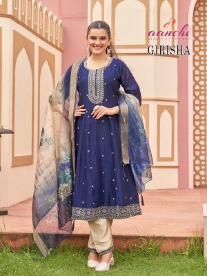 Aanchi Girisha Vichitra Silk Set 3 Pc Flair Concept Suit Wholesale kurti pant with dupatta Catalogs