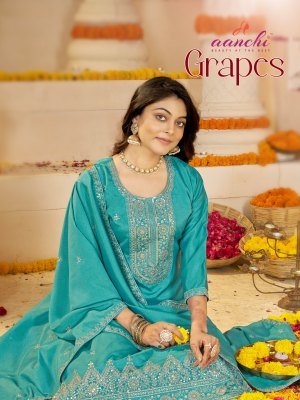Aanchi Grapes Vichitra Silk 3-Piece Fancy Embroidery Kurti Pant Dupatta Set 