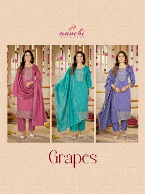 Aanchi Grapes Vichitra Silk 3-Piece Fancy Embroidery Kurti Pant Dupatta Set kurti pant with dupatta Catalogs