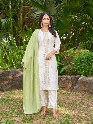Aanchi Jagvi 3 Piece Set Roman Silk Kurti Bottom And Fancy Work Dupatta Straight Cut Wholesale kurti pant with dupatta Catalogs