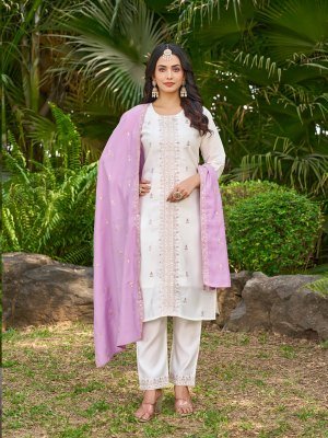 Aanchi Jagvi 3 Piece Set Roman Silk Kurti Bottom And Fancy Work Dupatta Straight Cut Wholesale kurti pant with dupatta Catalogs