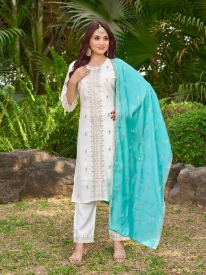 Aanchi Jagvi 3 Piece Set Roman Silk Kurti Bottom And Fancy Work Dupatta Straight Cut Wholesale kurti pant with dupatta Catalogs