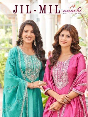 Aanchi Jilmil 3 Pcs Set Flair  Vichitra Silk Kurti with Fancy Dupatta Wholesale Ethnic Wear kurti pant with dupatta Catalogs