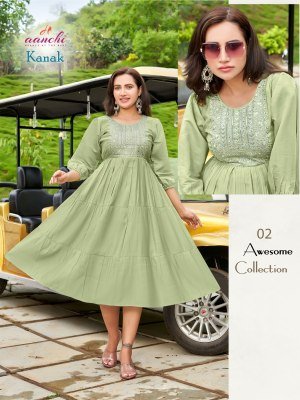 Aanchi Kanak Collection Roman Silk Flair Kurti with Embroidery Work Wholesale  kurtis catalogs