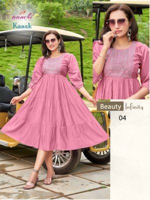 Aanchi Kanak Collection Roman Silk Flair Kurti with Embroidery Work Wholesale  kurtis catalogs