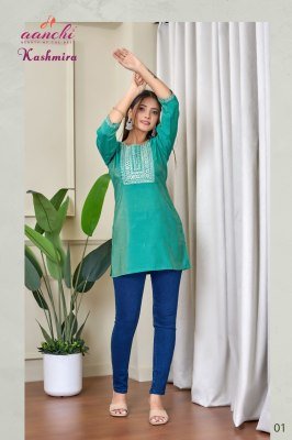  Aanchi Kashmira Shimmer Embroidery Roman Style Short Top Wholesale kurtis catalogs