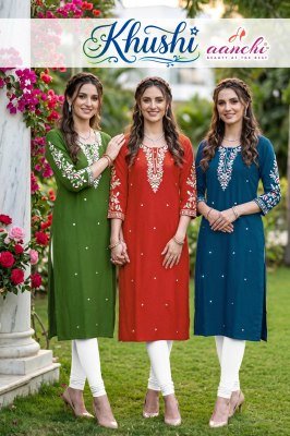 Aanchi Khushi Fancy Embroidery Work Roman Silk Straight Cut Kurti 