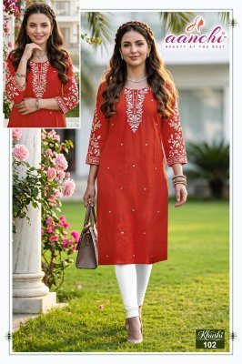 Aanchi Khushi Fancy Embroidery Work Roman Silk Straight Cut Kurti kurtis catalogs