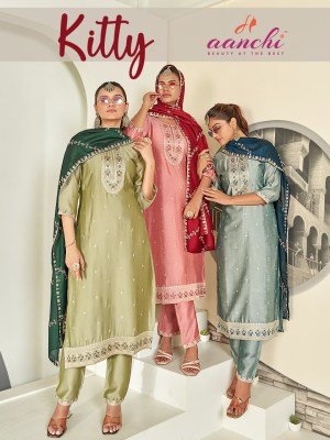 Aanchi Kitty 3 Piece Straight Set Vichitra Silk Kurti with Contrast Fancy Dupatta Wholesale Ethnic Wear Aanchi 