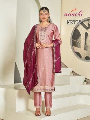 Aanchi Kitty 3 Piece Straight Set Vichitra Silk Kurti with Contrast Fancy Dupatta Wholesale Ethnic Wear kurti pant with dupatta Catalogs