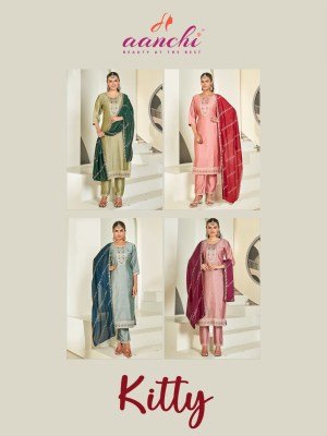 Aanchi Kitty 3 Piece Straight Set Vichitra Silk Kurti with Contrast Fancy Dupatta Wholesale Ethnic Wear kurti pant with dupatta Catalogs