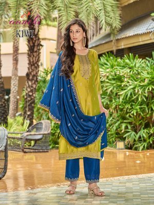 Aanchi Kiwi 3 Piece Set Straight Concept Vichitra Silk Suit with Contrast Fancy Dupatta Wholesale Ethnic kurti pant with dupatta Catalogs