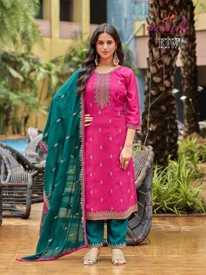 Aanchi Kiwi 3 Piece Set Straight Concept Vichitra Silk Suit with Contrast Fancy Dupatta Wholesale Ethnic kurti pant with dupatta Catalogs