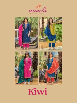 Aanchi Kiwi 3 Piece Set Straight Concept Vichitra Silk Suit with Contrast Fancy Dupatta Wholesale Ethnic kurti pant with dupatta Catalogs