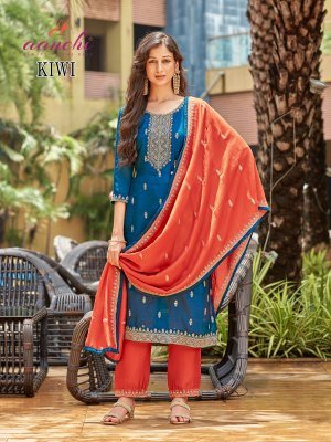 Aanchi Kiwi 3 Piece Set Straight Concept Vichitra Silk Suit with Contrast Fancy Dupatta Wholesale Ethnic kurti pant with dupatta Catalogs