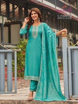 Aanchi Lottie 3 Piece Set Crystal Silk Straight Kurti Pant Matching Fancy Dupatta Wholesale kurti pant with dupatta Catalogs