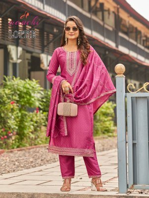 Aanchi Lottie 3 Piece Set Crystal Silk Straight Kurti Pant Matching Fancy Dupatta Wholesale kurti pant with dupatta Catalogs