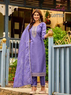 Aanchi Lottie 3 Piece Set Crystal Silk Straight Kurti Pant Matching Fancy Dupatta Wholesale kurti pant with dupatta Catalogs