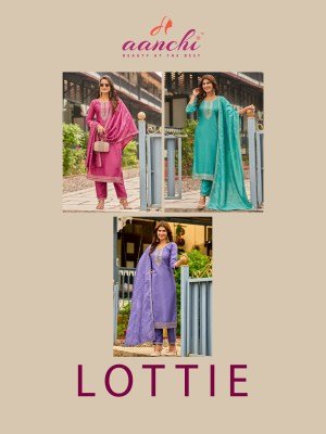 Aanchi Lottie 3 Piece Set Crystal Silk Straight Kurti Pant Matching Fancy Dupatta Wholesale kurti pant with dupatta Catalogs