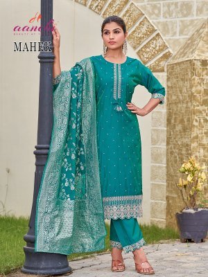 Aanchi Mahek 3 Piece Straight Set Roman Shimmer Kurti with Fancy Jacquard Dupatta Wholesale Ethnic kurti pant with dupatta Catalogs