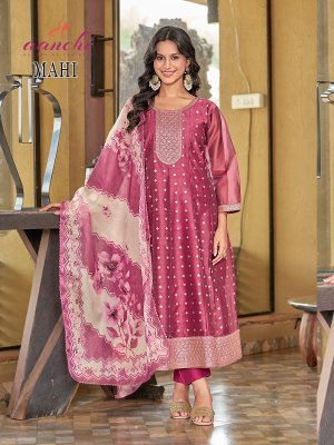 Aanchi Mahi 3 Piece Set Shimmer Jacquard Top Chanderi Pant And Digital Dupatta Wholesale kurti pant with dupatta Catalogs