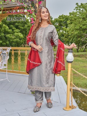 Aanchi Masoom 3 Piece Set Rapido Silk Top And  Bottom with Vichitra Silk Dupatta Embroidery Straight Suit Catalogue Wholesale kurti pant with dupatta Catalogs