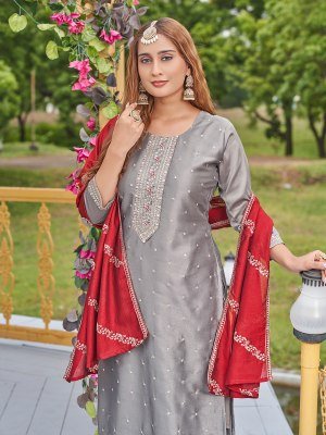 Aanchi Masoom 3 Piece Set Rapido Silk Top And  Bottom with Vichitra Silk Dupatta Embroidery Straight Suit Catalogue Wholesale kurti pant with dupatta Catalogs