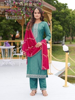 Aanchi Masoom 3 Piece Set Rapido Silk Top And  Bottom with Vichitra Silk Dupatta Embroidery Straight Suit Catalogue Wholesale kurti pant with dupatta Catalogs